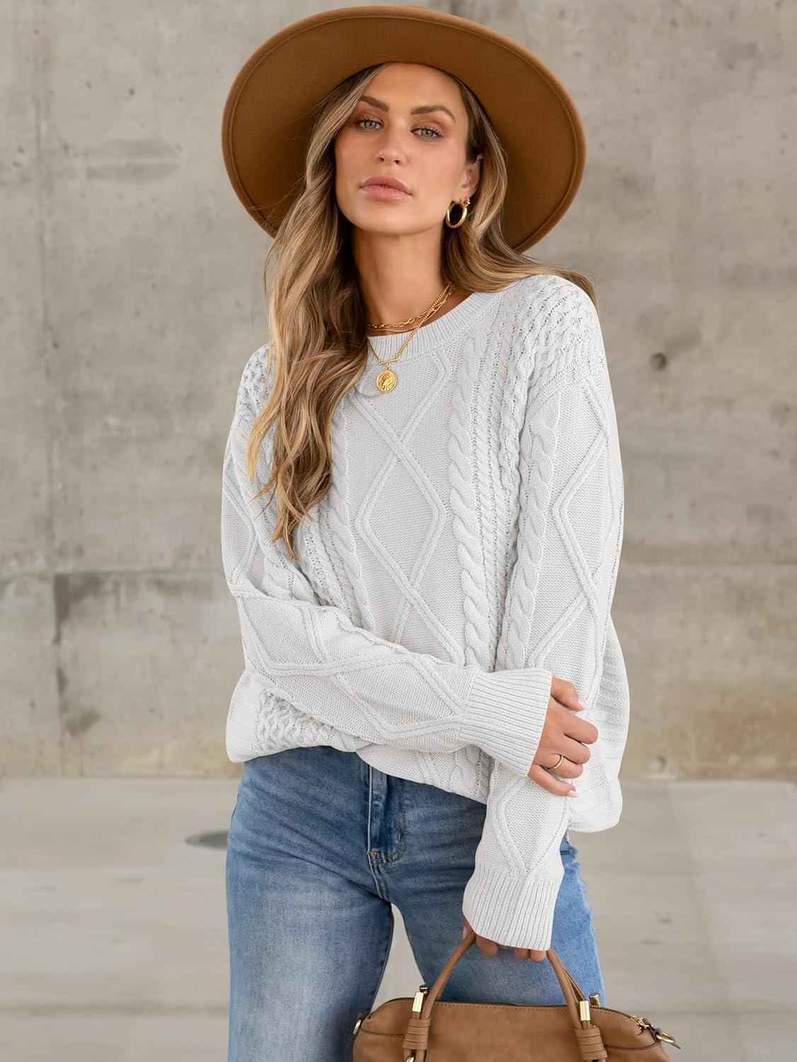 imageANRABESS Sweaters for Women Oversized Crewneck Long Sleeve Casual Loose Cable Knit Pullover Tops 2024 Fall Vintage ClothesWhite Cream