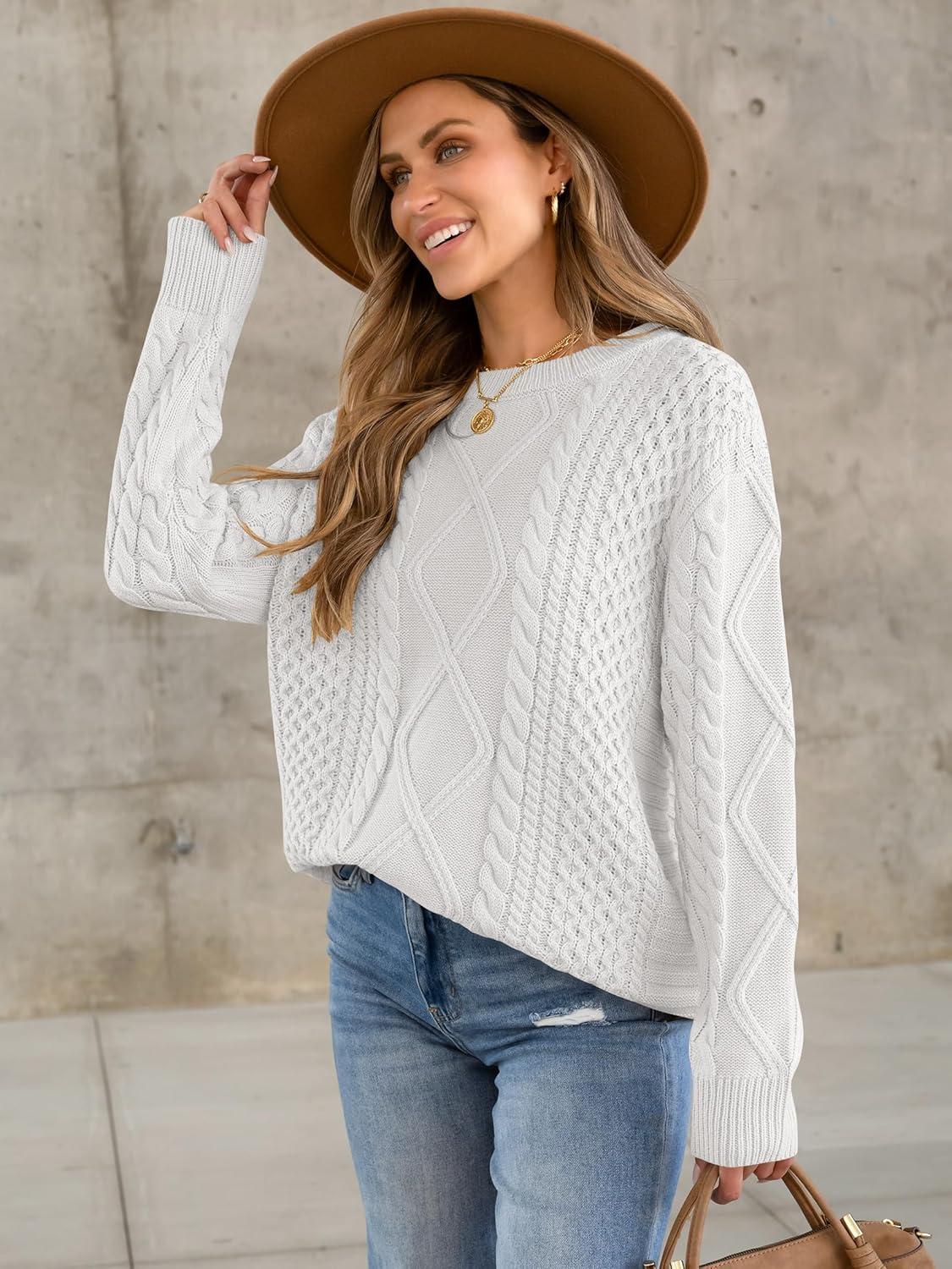 imageANRABESS Sweaters for Women Oversized Crewneck Long Sleeve Casual Loose Cable Knit Pullover Tops 2024 Fall Vintage ClothesWhite Cream