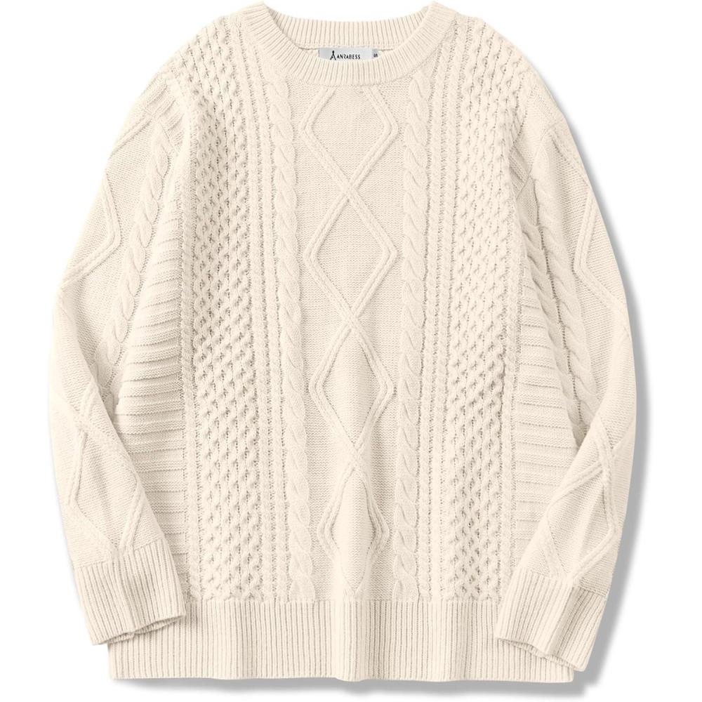 imageANRABESS Sweaters for Women Oversized Crewneck Long Sleeve Casual Loose Cable Knit Pullover Tops 2024 Fall Vintage ClothesApricot