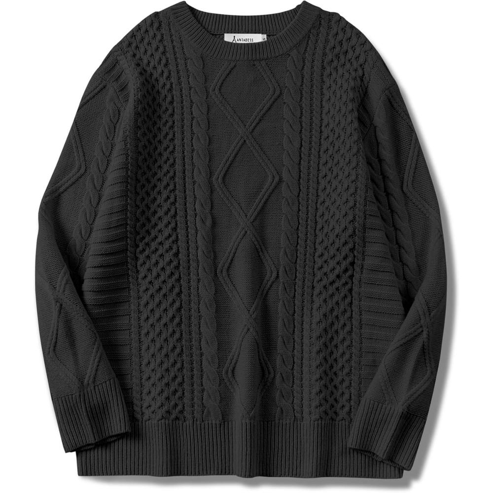 imageANRABESS Sweaters for Women Oversized Crewneck Long Sleeve Casual Loose Cable Knit Pullover Tops 2024 Fall Vintage ClothesBlack