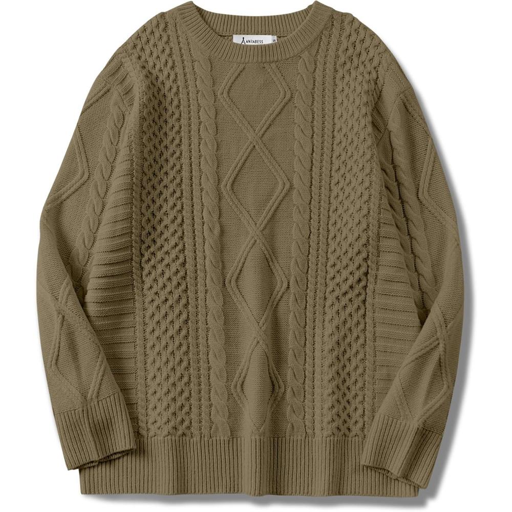 imageANRABESS Sweaters for Women Oversized Crewneck Long Sleeve Casual Loose Cable Knit Pullover Tops 2024 Fall Vintage ClothesBrown Yellow