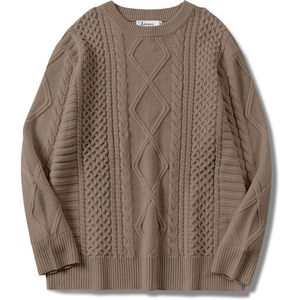 imageANRABESS Sweaters for Women Oversized Crewneck Long Sleeve Casual Loose Cable Knit Pullover Tops 2024 Fall Vintage ClothesCoffee