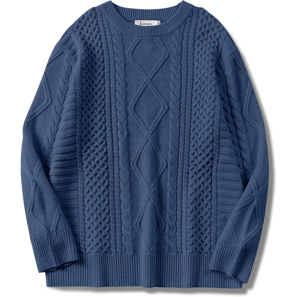 imageANRABESS Sweaters for Women Oversized Crewneck Long Sleeve Casual Loose Cable Knit Pullover Tops 2024 Fall Vintage ClothesDeep Blue