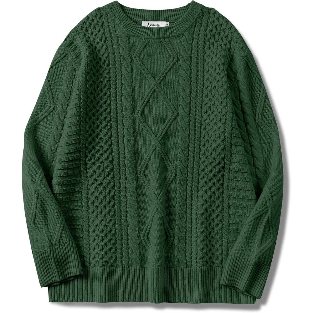 imageANRABESS Sweaters for Women Oversized Crewneck Long Sleeve Casual Loose Cable Knit Pullover Tops 2024 Fall Vintage ClothesDeep Green