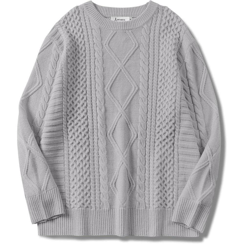 imageANRABESS Sweaters for Women Oversized Crewneck Long Sleeve Casual Loose Cable Knit Pullover Tops 2024 Fall Vintage ClothesLight Grey