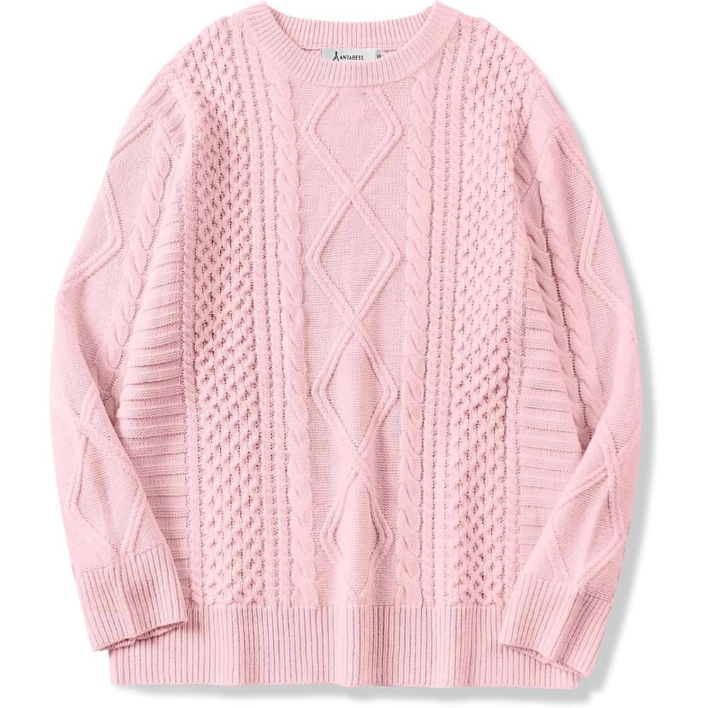imageANRABESS Sweaters for Women Oversized Crewneck Long Sleeve Casual Loose Cable Knit Pullover Tops 2024 Fall Vintage ClothesLight Pink