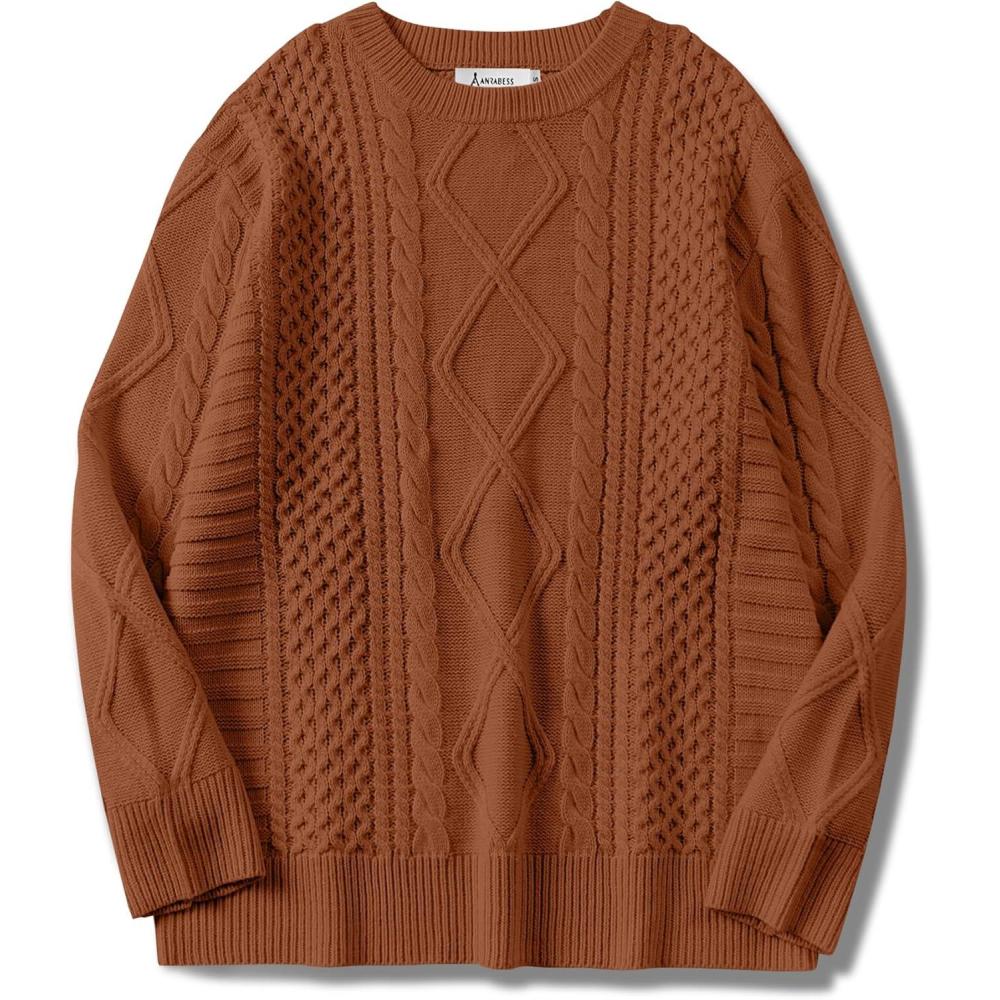 imageANRABESS Sweaters for Women Oversized Crewneck Long Sleeve Casual Loose Cable Knit Pullover Tops 2024 Fall Vintage ClothesRust