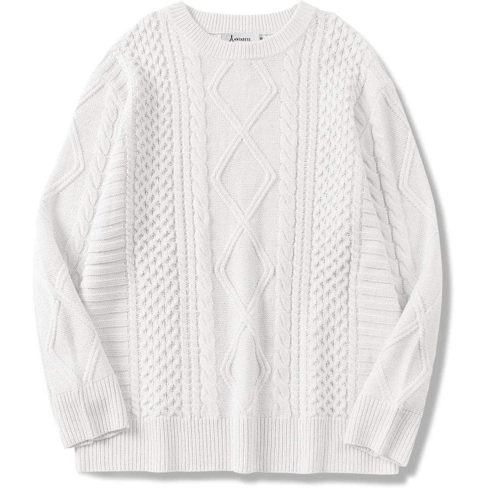 imageANRABESS Sweaters for Women Oversized Crewneck Long Sleeve Casual Loose Cable Knit Pullover Tops 2024 Fall Vintage ClothesWhite Cream