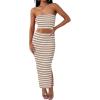 imageANRABESS Women 2 Piece Outfits Maxi Skirt Sets 2025 Summer Ribbed Knit Tube Crop Tops Sexy Bodycon Side Slit Going Out DressStriped Beige White