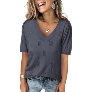 imageANRABESS Summer Tops for Women Short Sleeve V Neck Sweaters Dressy Casual Blouses Lightweight Thin Knit Fashion ShirtsDark Grey