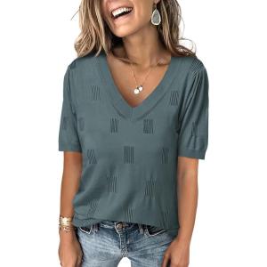 imageANRABESS Summer Tops for Women Short Sleeve V Neck Sweaters Dressy Casual Blouses Lightweight Thin Knit Fashion ShirtsGrey Green