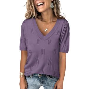 imageANRABESS Summer Tops for Women Short Sleeve V Neck Sweaters Dressy Casual Blouses Lightweight Thin Knit Fashion ShirtsGrey Purple