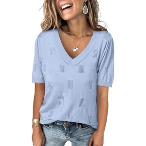 imageANRABESS Summer Tops for Women Short Sleeve V Neck Sweaters Dressy Casual Blouses Lightweight Thin Knit Fashion ShirtsLight Blue