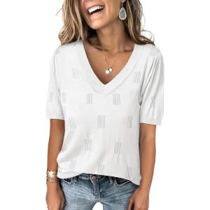 imageANRABESS Summer Tops for Women Short Sleeve V Neck Sweaters Dressy Casual Blouses Lightweight Thin Knit Fashion ShirtsOffwhite