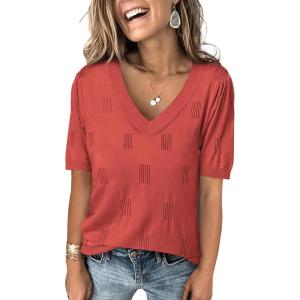 imageANRABESS Summer Tops for Women Short Sleeve V Neck Sweaters Dressy Casual Blouses Lightweight Thin Knit Fashion ShirtsOrange Red