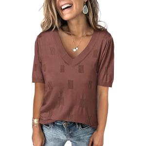 imageANRABESS Summer Tops for Women Short Sleeve V Neck Sweaters Dressy Casual Blouses Lightweight Thin Knit Fashion ShirtsRed Brown