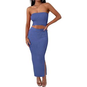 imageANRABESS Women 2 Piece Outfits Maxi Skirt Sets 2025 Summer Ribbed Knit Tube Crop Tops Sexy Bodycon Side Slit Going Out DressSolid Blue