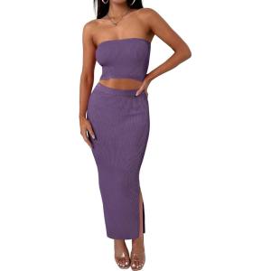 imageANRABESS Women 2 Piece Outfits Maxi Skirt Sets 2025 Summer Ribbed Knit Tube Crop Tops Sexy Bodycon Side Slit Going Out DressSolid Drak Purple