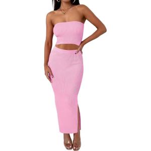 imageANRABESS Women 2 Piece Outfits Maxi Skirt Sets 2025 Summer Ribbed Knit Tube Crop Tops Sexy Bodycon Side Slit Going Out DressSolid Pink
