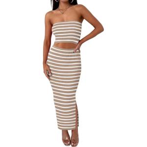 imageANRABESS Women 2 Piece Outfits Maxi Skirt Sets 2025 Summer Ribbed Knit Tube Crop Tops Sexy Bodycon Side Slit Going Out DressStriped Beige White