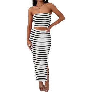 imageANRABESS Women 2 Piece Outfits Maxi Skirt Sets 2025 Summer Ribbed Knit Tube Crop Tops Sexy Bodycon Side Slit Going Out DressStriped White Black