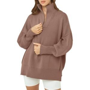 imageANRABESS Womens Oversized Fashion Long Sleeve Quarter Zip Baggy Loose Slouchy Sweater Pullover Tops 2025 Fall OutfitsBrown