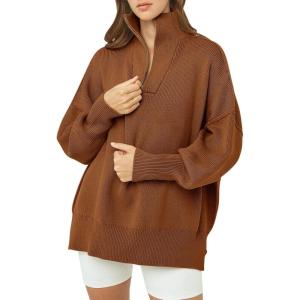 imageANRABESS Womens Oversized Fashion Long Sleeve Quarter Zip Baggy Loose Slouchy Sweater Pullover Tops 2025 Fall OutfitsCoffee