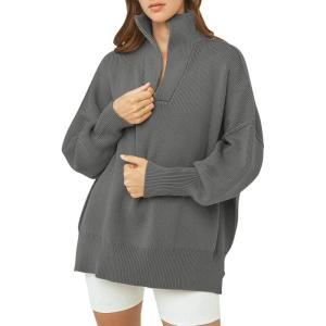 imageANRABESS Womens Oversized Fashion Long Sleeve Quarter Zip Baggy Loose Slouchy Sweater Pullover Tops 2025 Fall OutfitsDark Gray