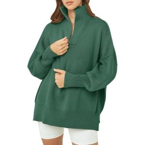 imageANRABESS Womens Oversized Fashion Long Sleeve Quarter Zip Baggy Loose Slouchy Sweater Pullover Tops 2025 Fall OutfitsDeep Gray Geen
