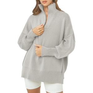 imageANRABESS Womens Oversized Fashion Long Sleeve Quarter Zip Baggy Loose Slouchy Sweater Pullover Tops 2025 Fall OutfitsGray
