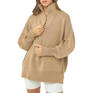 imageANRABESS Womens Oversized Fashion Long Sleeve Quarter Zip Baggy Loose Slouchy Sweater Pullover Tops 2025 Fall OutfitsKhaki