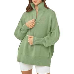 imageANRABESS Womens Oversized Fashion Long Sleeve Quarter Zip Baggy Loose Slouchy Sweater Pullover Tops 2025 Fall OutfitsLight Green