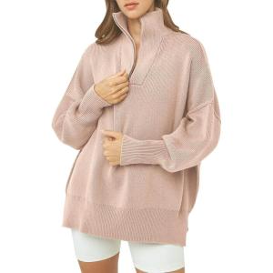 imageANRABESS Womens Oversized Fashion Long Sleeve Quarter Zip Baggy Loose Slouchy Sweater Pullover Tops 2025 Fall OutfitsPink