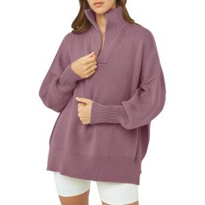 imageANRABESS Womens Oversized Fashion Long Sleeve Quarter Zip Baggy Loose Slouchy Sweater Pullover Tops 2025 Fall OutfitsPurple