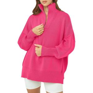 imageANRABESS Womens Oversized Fashion Long Sleeve Quarter Zip Baggy Loose Slouchy Sweater Pullover Tops 2025 Fall OutfitsRose