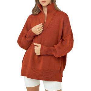 imageANRABESS Womens Oversized Fashion Long Sleeve Quarter Zip Baggy Loose Slouchy Sweater Pullover Tops 2025 Fall OutfitsRust