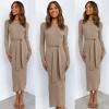 imageANRABESS Womens Long Sleeve Sweater Dress Crew Neck Slim Fit Slit Tie Waist 2025 Ribbed Knit Bodycon Midi Dress Fall OutfitsAlmond