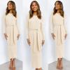 imageANRABESS Womens Long Sleeve Sweater Dress Crew Neck Slim Fit Slit Tie Waist 2025 Ribbed Knit Bodycon Midi Dress Fall OutfitsBeige