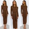 imageANRABESS Womens Long Sleeve Sweater Dress Crew Neck Slim Fit Slit Tie Waist 2025 Ribbed Knit Bodycon Midi Dress Fall OutfitsBrown