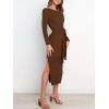 imageANRABESS Womens Long Sleeve Sweater Dress Crew Neck Slim Fit Slit Tie Waist 2025 Ribbed Knit Bodycon Midi Dress Fall OutfitsBrown