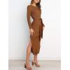 imageANRABESS Womens Long Sleeve Sweater Dress Crew Neck Slim Fit Slit Tie Waist 2025 Ribbed Knit Bodycon Midi Dress Fall OutfitsCaramel