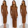 imageANRABESS Womens Long Sleeve Sweater Dress Crew Neck Slim Fit Slit Tie Waist 2025 Ribbed Knit Bodycon Midi Dress Fall OutfitsCaramel