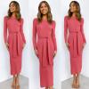 imageANRABESS Womens Long Sleeve Sweater Dress Crew Neck Slim Fit Slit Tie Waist 2025 Ribbed Knit Bodycon Midi Dress Fall OutfitsMaroon