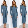 imageANRABESS Womens Long Sleeve Sweater Dress Crew Neck Slim Fit Slit Tie Waist 2025 Ribbed Knit Bodycon Midi Dress Fall OutfitsTeal