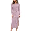 imageANRABESS Womens Long Sleeve Sweater Dress Crew Neck Slim Fit Slit Tie Waist 2025 Ribbed Knit Bodycon Midi Dress Fall OutfitsPurple