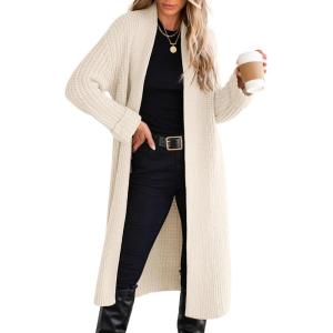 imageANRABESS Women Knit Long Cardigan Long Sleeve Open Front Lapel Oversized Sweater Coat 2025 Fall Duster Outerwear ClothesBeige