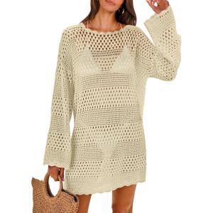 imageANRABESS Women Swimsuit Crochet Swim Cover Up 2025 Summer Bathing Suit Swimwear Mesh Knit Beach Dress Vacation OutfitsBeige