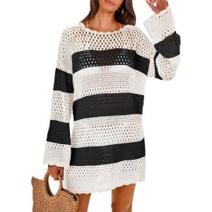 imageANRABESS Women Swimsuit Crochet Swim Cover Up 2025 Summer Bathing Suit Swimwear Mesh Knit Beach Dress Vacation OutfitsBlack White Stripe