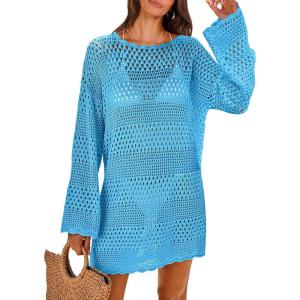 imageANRABESS Women Swimsuit Crochet Swim Cover Up 2025 Summer Bathing Suit Swimwear Mesh Knit Beach Dress Vacation OutfitsBlue
