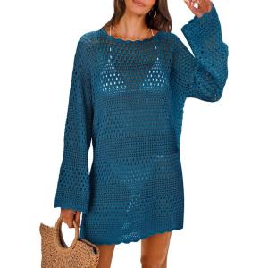 imageANRABESS Women Swimsuit Crochet Swim Cover Up 2025 Summer Bathing Suit Swimwear Mesh Knit Beach Dress Vacation OutfitsCyan